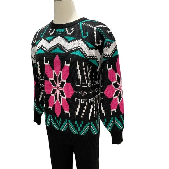 Etirel Vintage Ski Sweater Womens S Black Pink Green Snowflake Retro 80s Wool - Picture 6 of 7